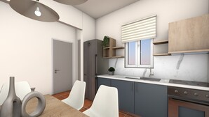 Een moderne keuken met een houten eettafel, twee stoelen, een koelkast, een fornuis en een raam met jaloezieën.