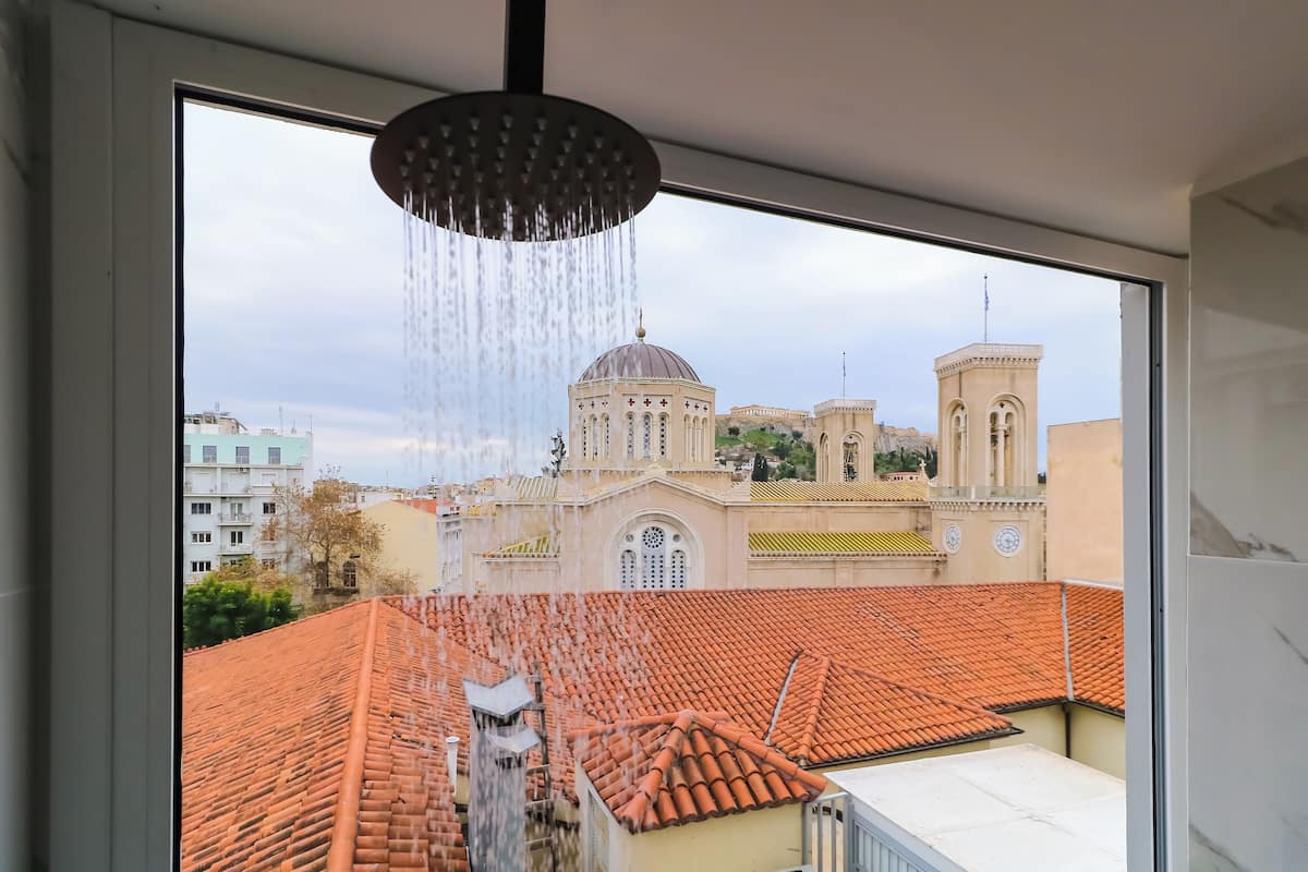 Une vue depuis une fenêtre, avec un pommeau de douche en évidence, donnant sur un bâtiment doté d’un dôme et d’une tour.