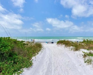 Un sentier de sable qui longe la plage et mène à l’océan, avec quelques zones de végétation de chaque côté.