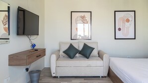 Un dormitorio moderno con sofá, cama, televisor y obras de arte en las paredes.