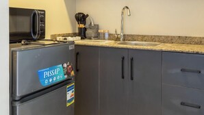 Una cocina compacta equipada con refrigerador, microondas y pileta.