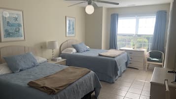 2 bedrooms, desk, laptop workspace, iron/ironing board