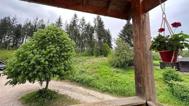 A wooden pergola with a gravel path leading to a green bush.