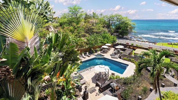 Un espace piscine agrémenté de chaises longues et de parasols, entouré de plantes tropicales et offrant une vue sur l’océan.