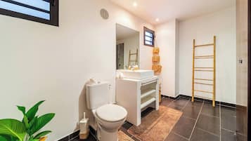 Chuveiro, secador de cabelo, toalhas de banho, sabonete