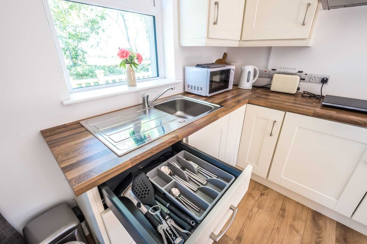 Fridge, microwave, electric kettle, toaster