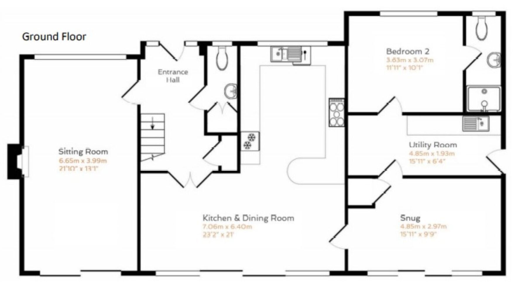 A floor plan of a hotel with a sitting room, entrance hall, kitchen & dining room, two bedrooms, a utility room, and a snug.