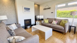 Ein modernes Wohnzimmer mit Kamin, Sofas, einem Couchtisch und einem Fernseher.