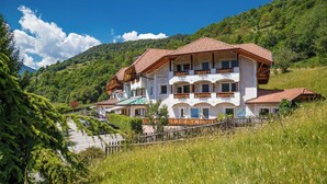 Un hôtel à plusieurs étages, de style architectural alpin traditionnel, doté de balcons ornés de jardinières fleuries, situé sur une colline et offrant une vue dégagée sur la verdure et les montagnes environnantes.
