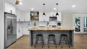 House, Multiple Beds, Pool Access, Pool View (18 Initial Ln) | Private kitchen | Fridge, microwave, oven, stovetop - Spacious Retreat w/ Private Pool, Spa, Fireplace + Attraction Tickets! (Santa Rosa Beach)