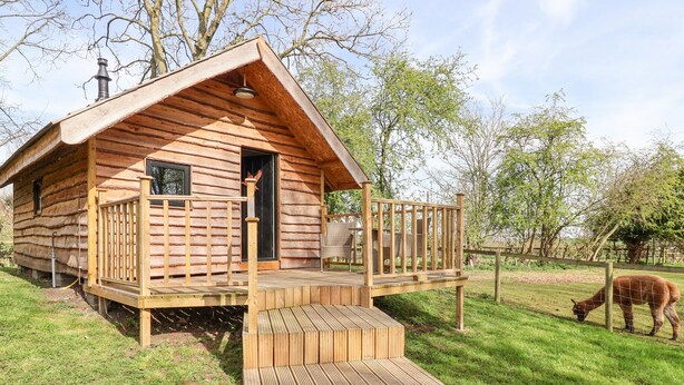 Une cabane en bois dotée d’une terrasse, d’une cheminée et d’un espace clos où un lama broute.