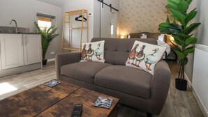 Un salon avec un canapé gris, deux coussins décorés avec des motifs de canards, une table basse en bois et une télécommande.