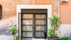 A door with a glass panel and a metal grill, flanked by potted plants.