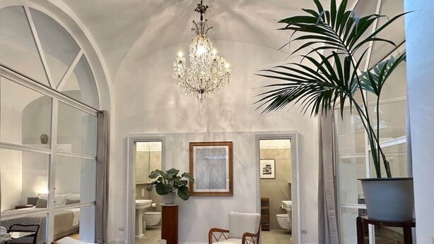 A spacious living room with a chandelier, comfortable seating, a large potted plant, and a view into the adjacent bathroom.