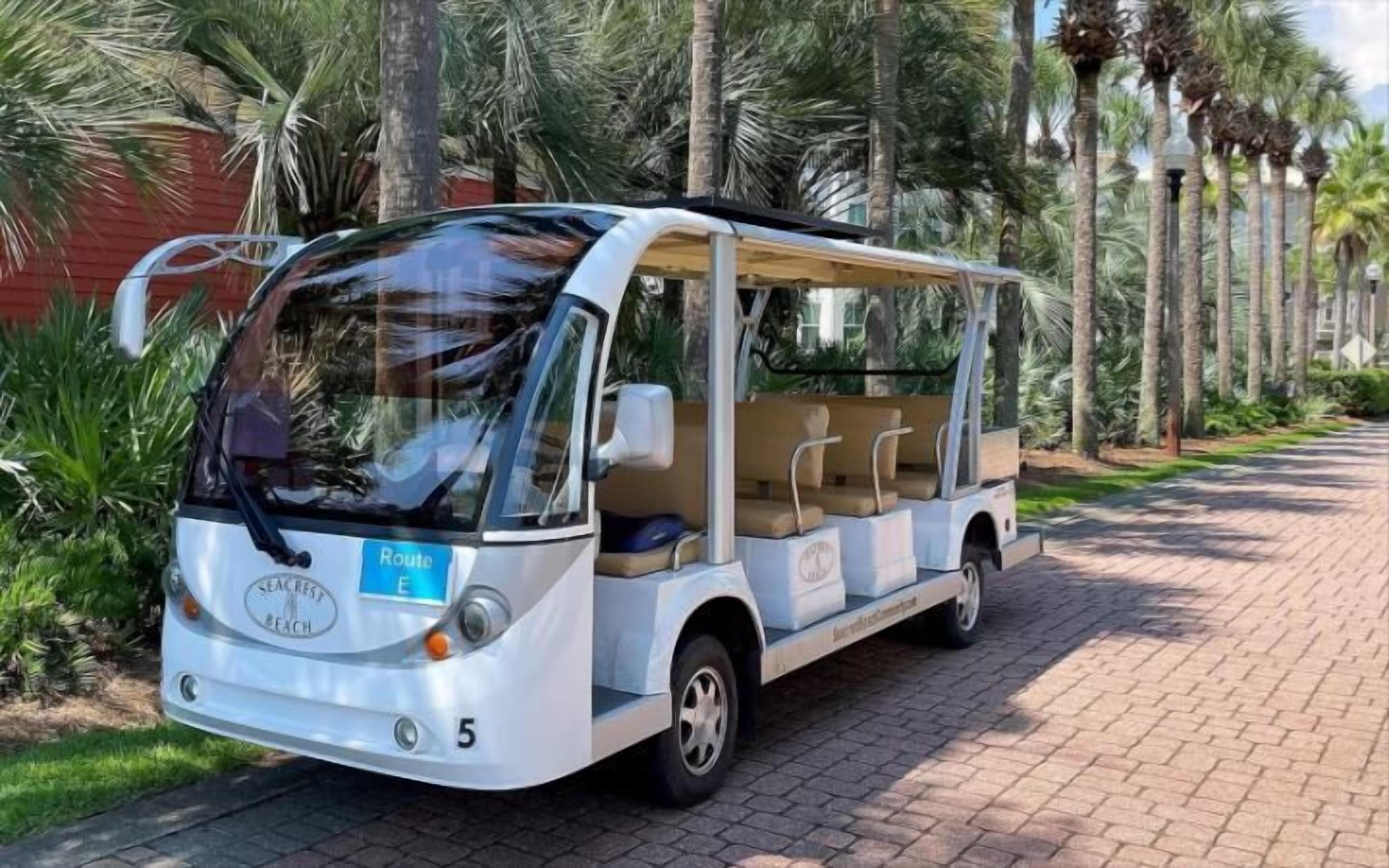 A white bus with a blue route sign, parked on a paved path with palm trees in the background.