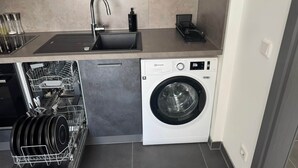 A compact kitchen with a built-in dishwasher and a front-loading washing machine. - Familien Suite in Elbflorenz (Dresden)