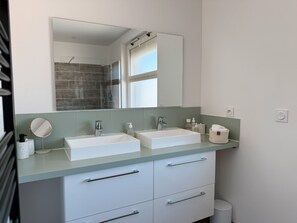 Hair dryer, towels, soap, toilet paper