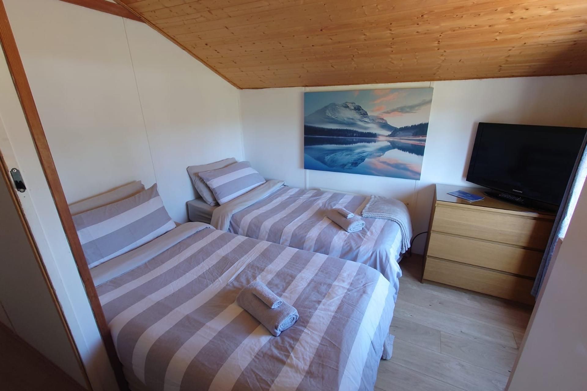 A bedroom with two beds, a television, and a painting on the wall.