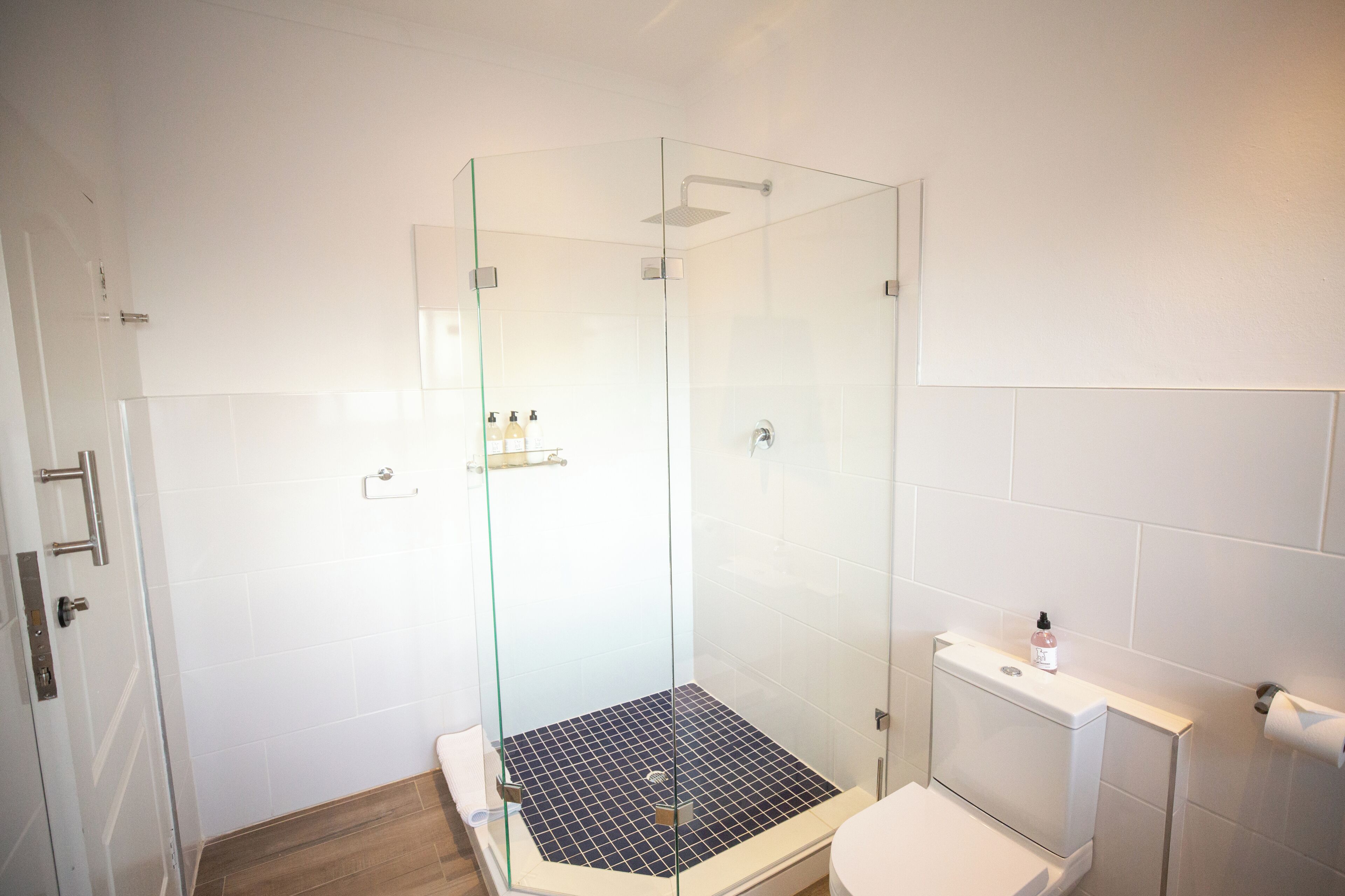 A modern bathroom with a glass-enclosed shower, a white toilet, and a tiled floor.