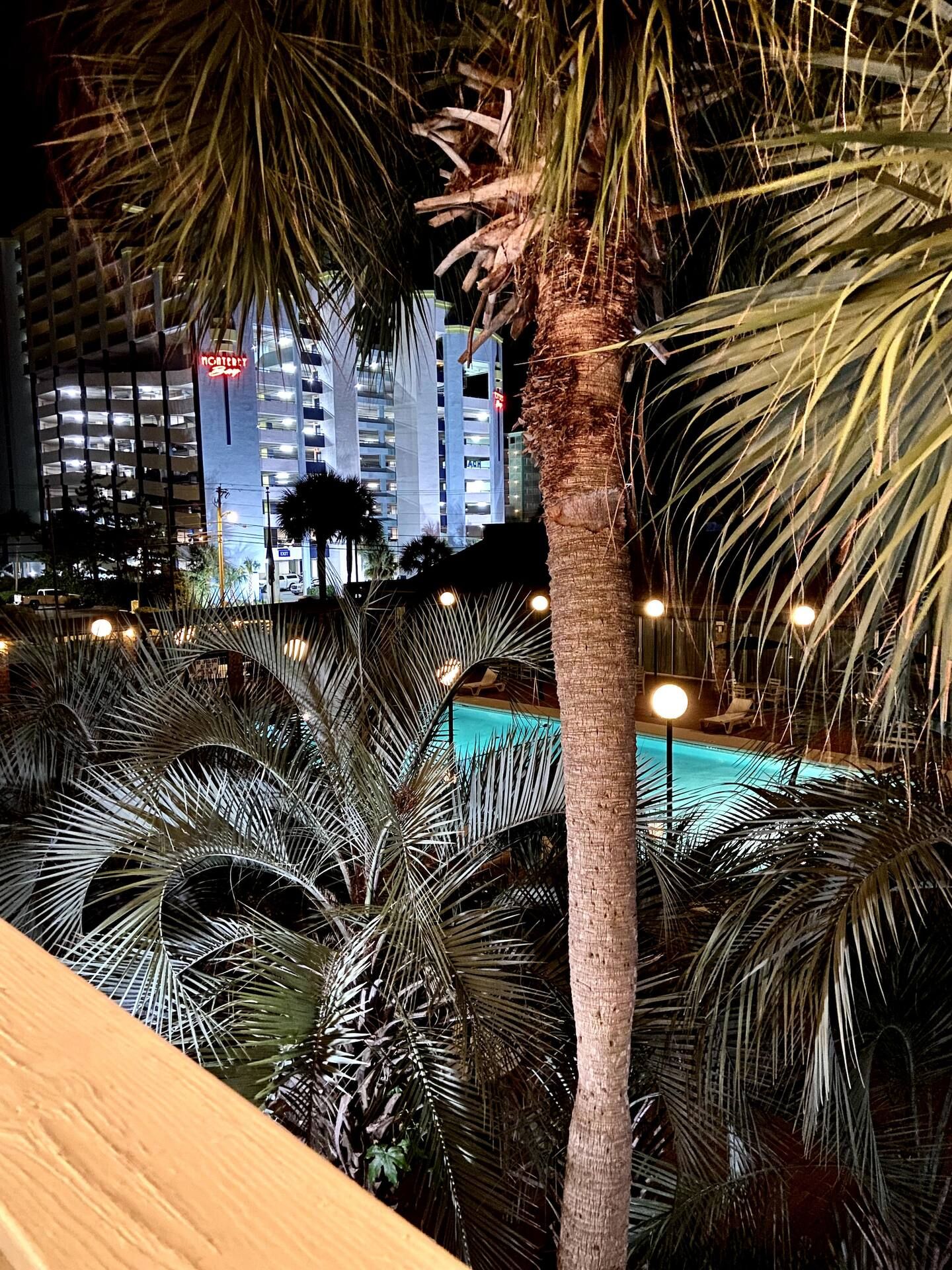 A nighttime view of a hotel with a pool surrounded by palm trees.