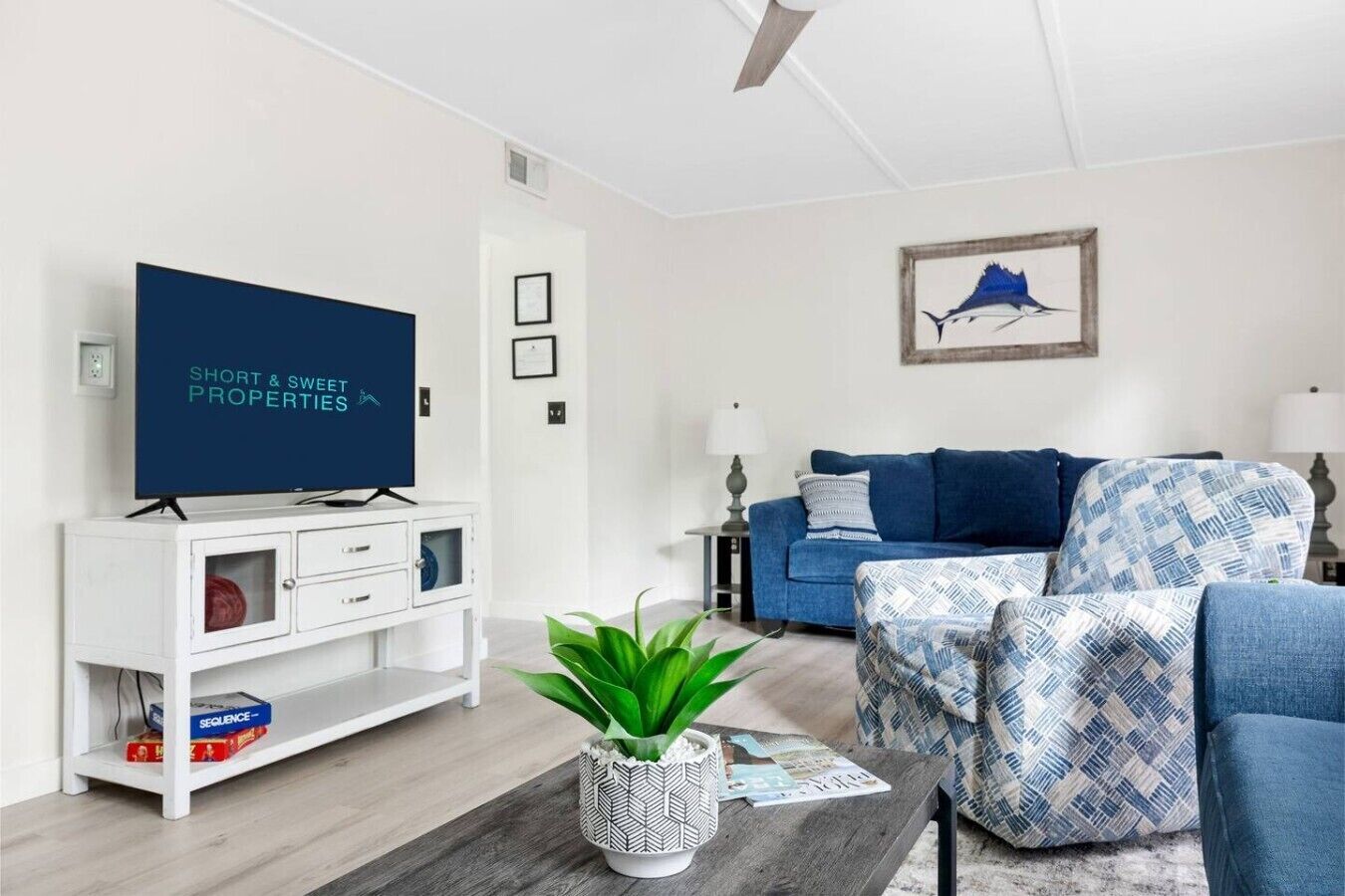 A modern living room with a flat-screen TV, a sofa, a coffee table, and a potted plant.