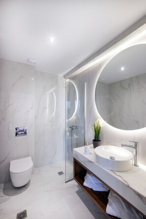 Douche, sèche-cheveux, serviettes fournies, shampoing