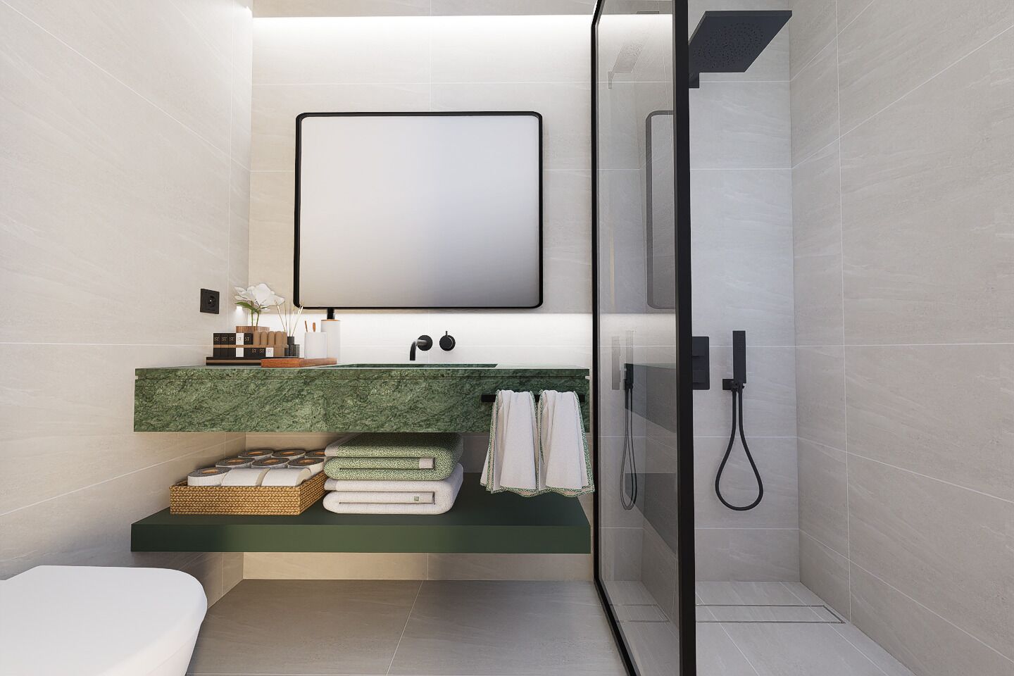 Douche, sèche-cheveux, chaussons, serviettes fournies