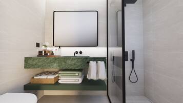 Ducha, secador de pelo, zapatillas y toallas