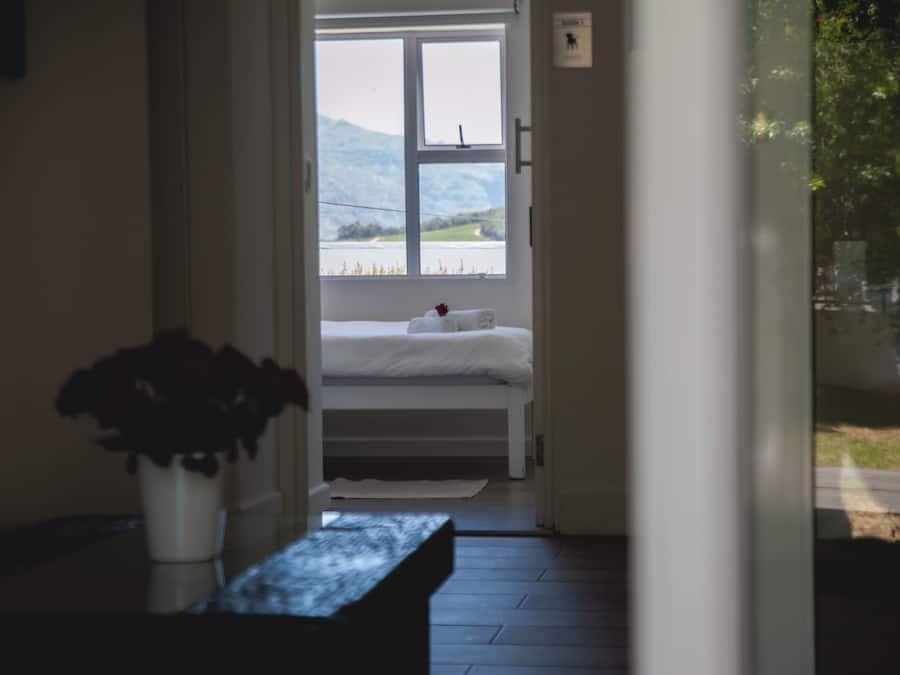 Ein Schlafzimmer mit einem Bett, einem Fenster und einer Pflanze.