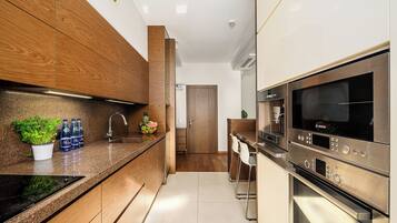 Comfort Apartment, City View | Private kitchen | Coffee/tea maker, electric kettle, cleaning supplies, paper towels