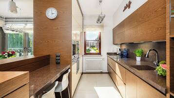 Comfort Apartment, City View | Private kitchen | Coffee/tea maker, electric kettle, cleaning supplies, paper towels