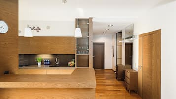 Lägenhet Comfort - utsikt mot staden | Eget kök | Kaffe- och tebryggare, vattenkokare, städutrustning och pappersservetter