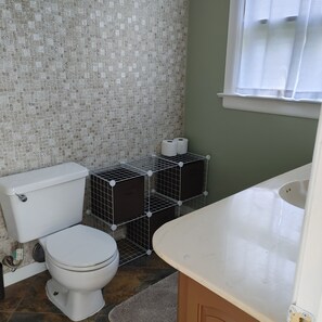 Shower, towels, soap, toilet paper