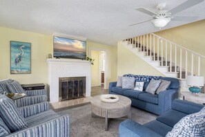 Fernseher, Kamin, Bücher, Arbeitsbereiche