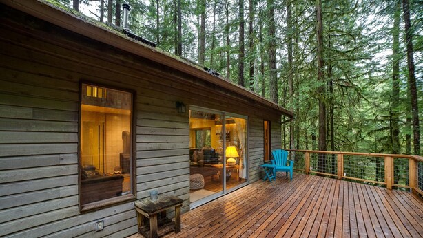 Une cabane dotée d’une terrasse, de grandes fenêtres et offrant une vue sur la forêt.