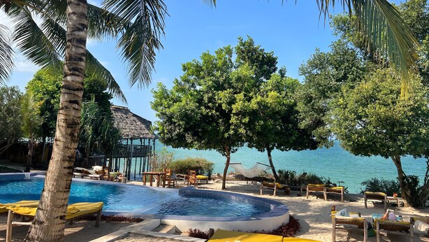 A pool area with lounge chairs, a hot tub, and a view of the sea. - Z-Lodge Zanzibar (Kiwengwa)