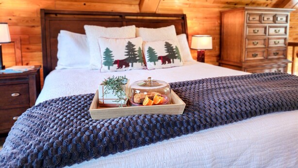 A cozy bedroom with a wooden ceiling, a bed with white bedding, two decorative pillows, a nightstand with a lamp, a dresser with drawers, and a tray with a jar and fresh fruit. - 15min to Pictured Rocks|Secluded Cabin w/Sauna (Wetmore)