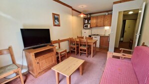 Un espace de vie compact comprenant un téléviseur, des meubles en bois, une petite cuisine et un canapé rose.