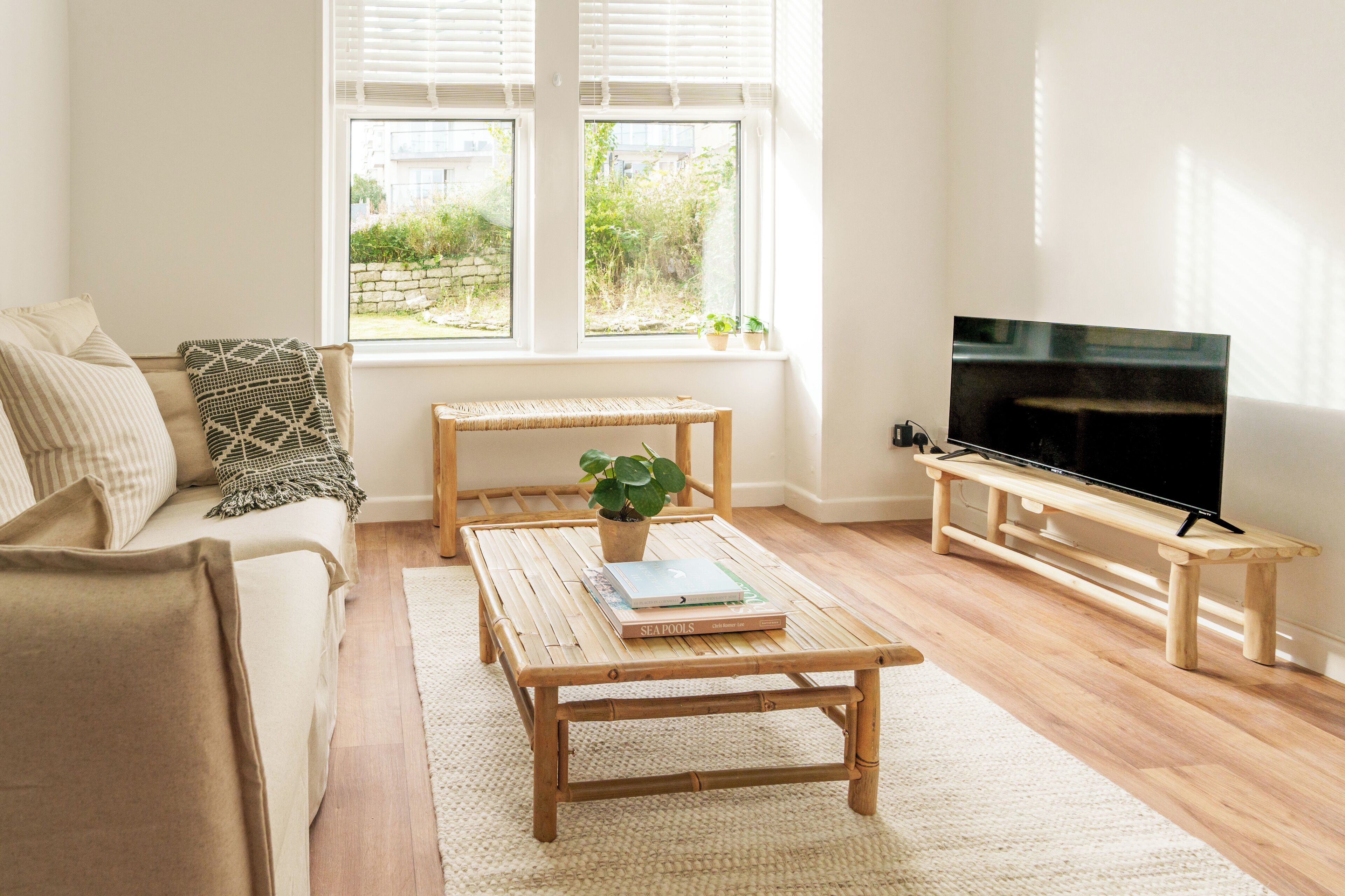A living room with a sofa, a coffee table with a plant, a TV stand, and a window with a view of greenery.