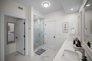 Hair dryer, towels, soap, shampoo