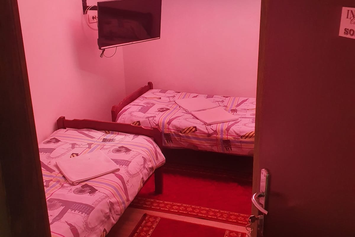 Ein Zimmer mit zwei Betten, einem an der Wand befestigten Fernseher und einem roten Teppich.