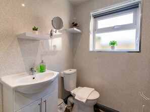 A bathroom with a white sink, toilet, and a window with a plant.