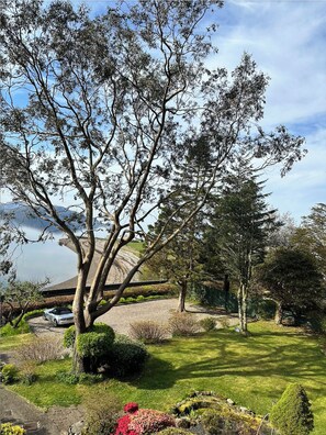 A well-maintained garden with mature trees, a gravel path, and a car parked nearby. - Camus House (Onich)
