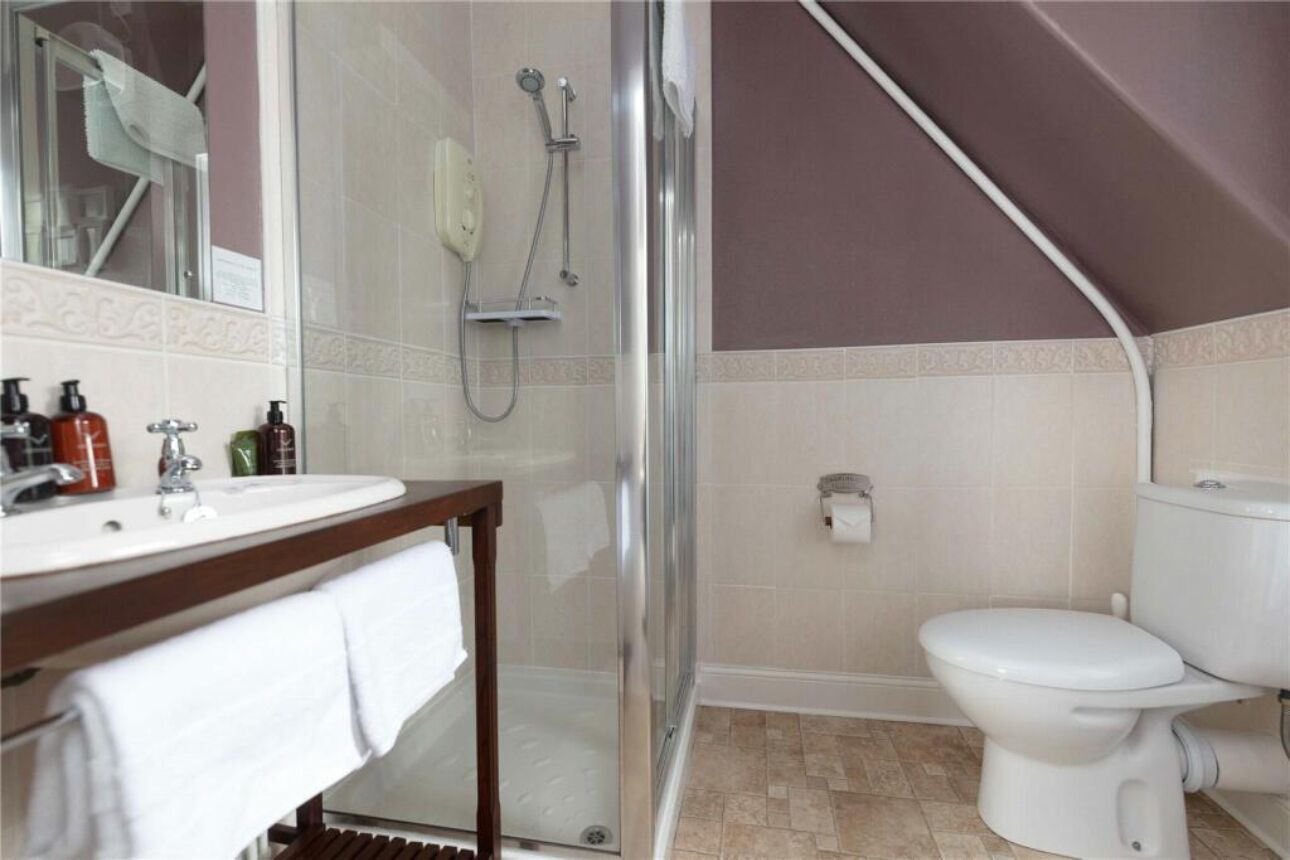 Une salle de bain avec une douche à parois de verre, un lavabo blanc avec des articles de toilette et des toilettes.