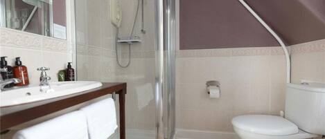 Une salle de bain avec une douche à parois de verre, un lavabo blanc avec des articles de toilette et des toilettes.