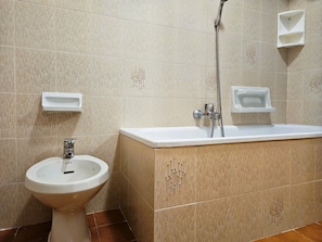 Hair dryer, bidet, towels, soap