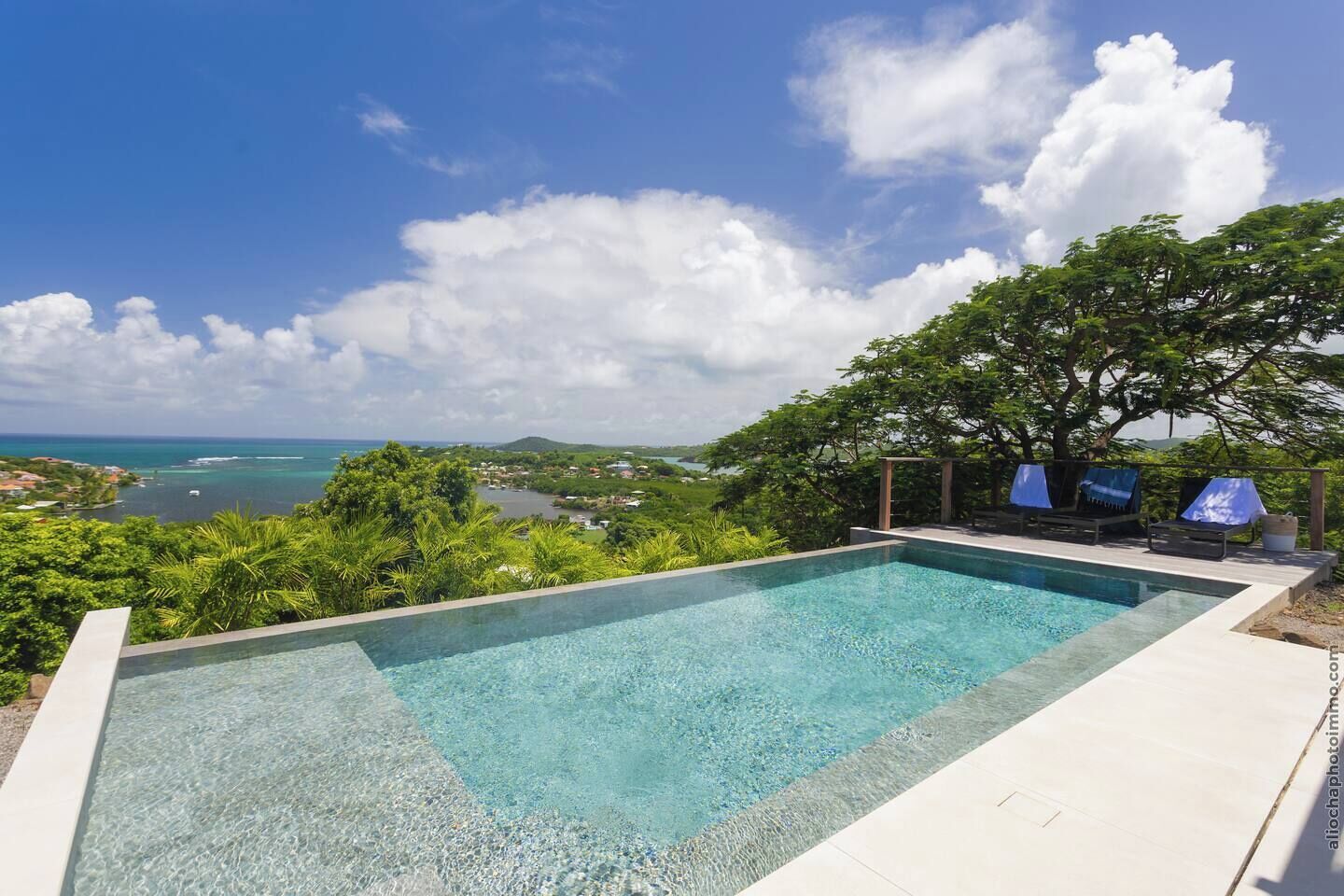 A rectangular infinity pool with clear water, surrounded by lush greenery and a view of the ocean and distant landscape.