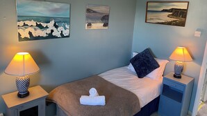 A bedroom with a bed, two bedside lamps, a nightstand, a small cabinet, and three wall-mounted paintings. - 11 Penygroes (Holyhead)