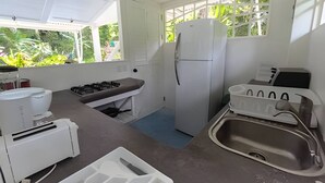 Una cocina compacta con estufa a gas, refrigerador, lavamanos y ventana con vista a zonas verdes.
