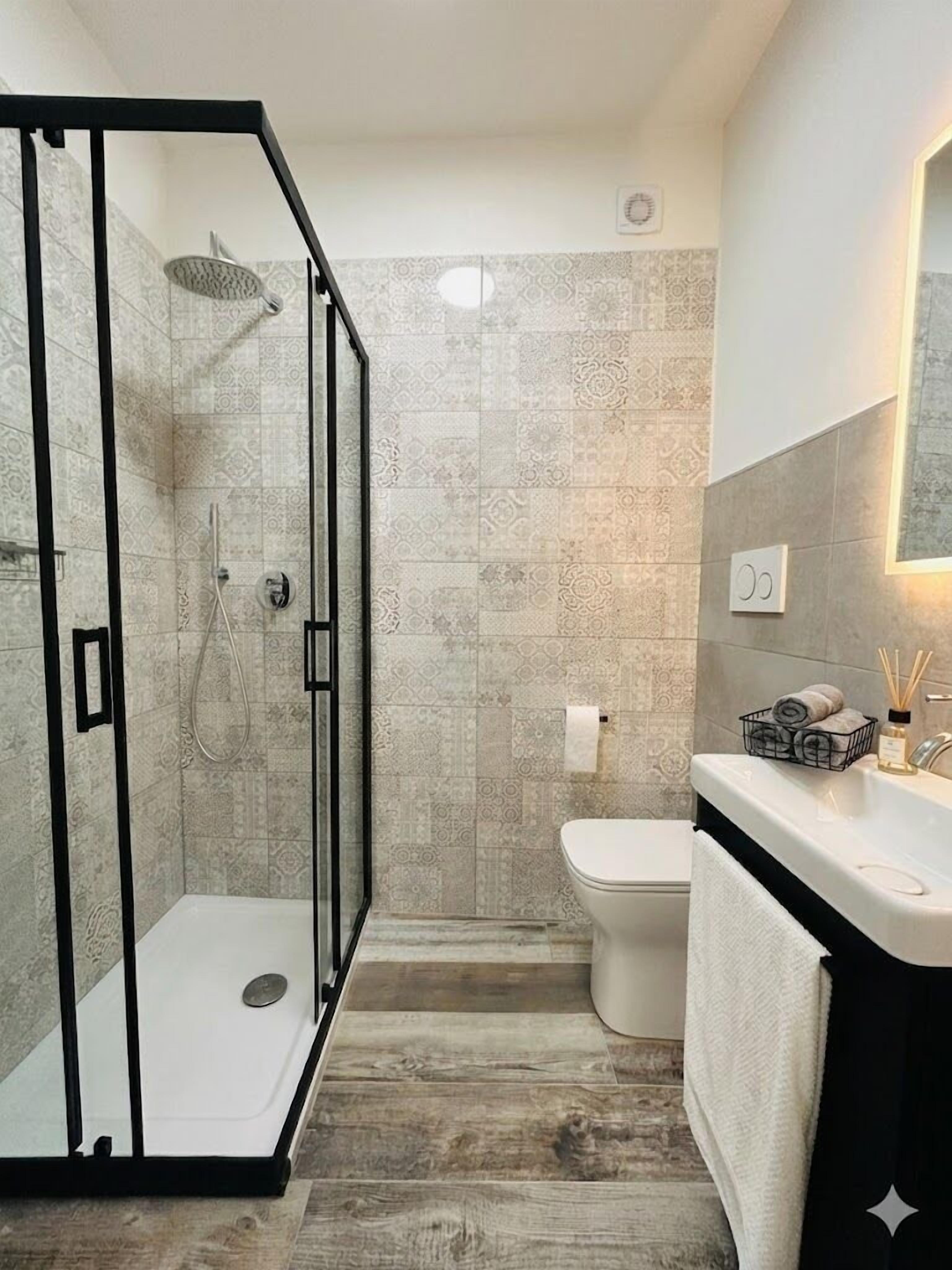 Shower, hair dryer, bidet, towels